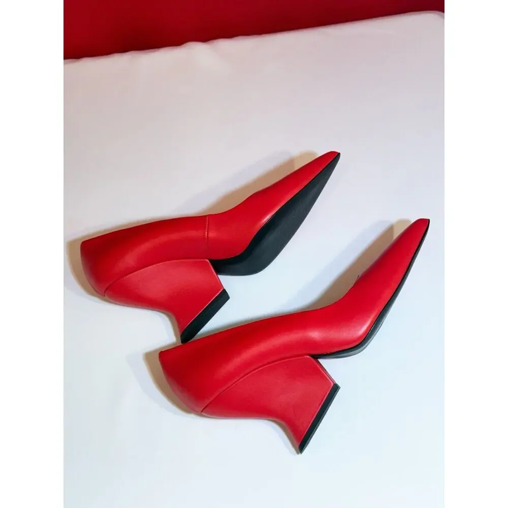 Sz 40 US 8.5 Italy Pumps Sheepskin Red 8 Yoox Wedge Pointed Toe Geometric Heel